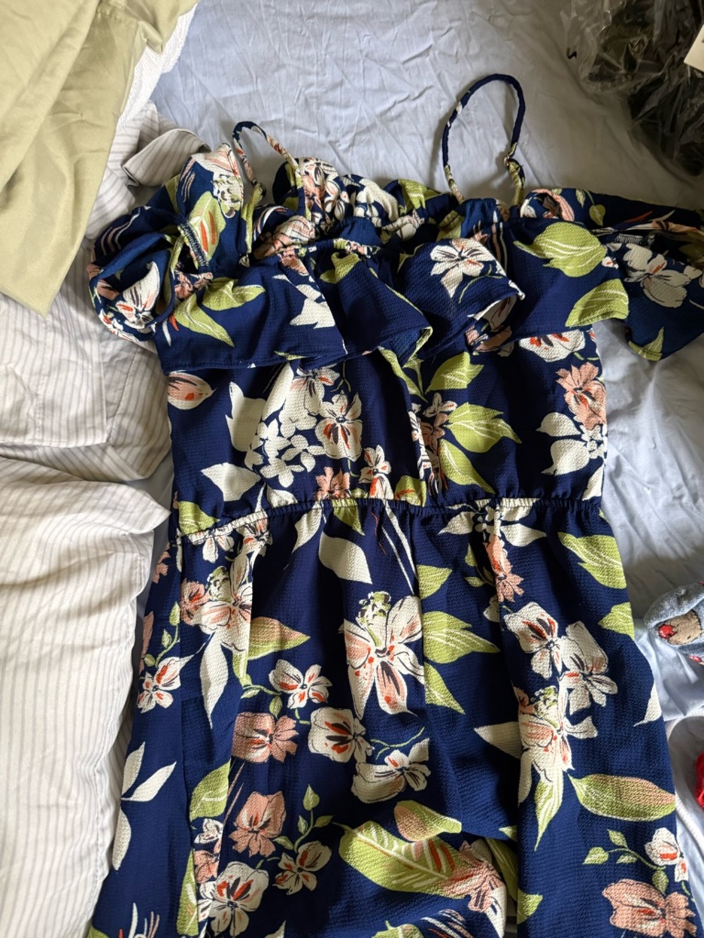 Rainbow Navy Floral Off-Shoulder Jumpsuit